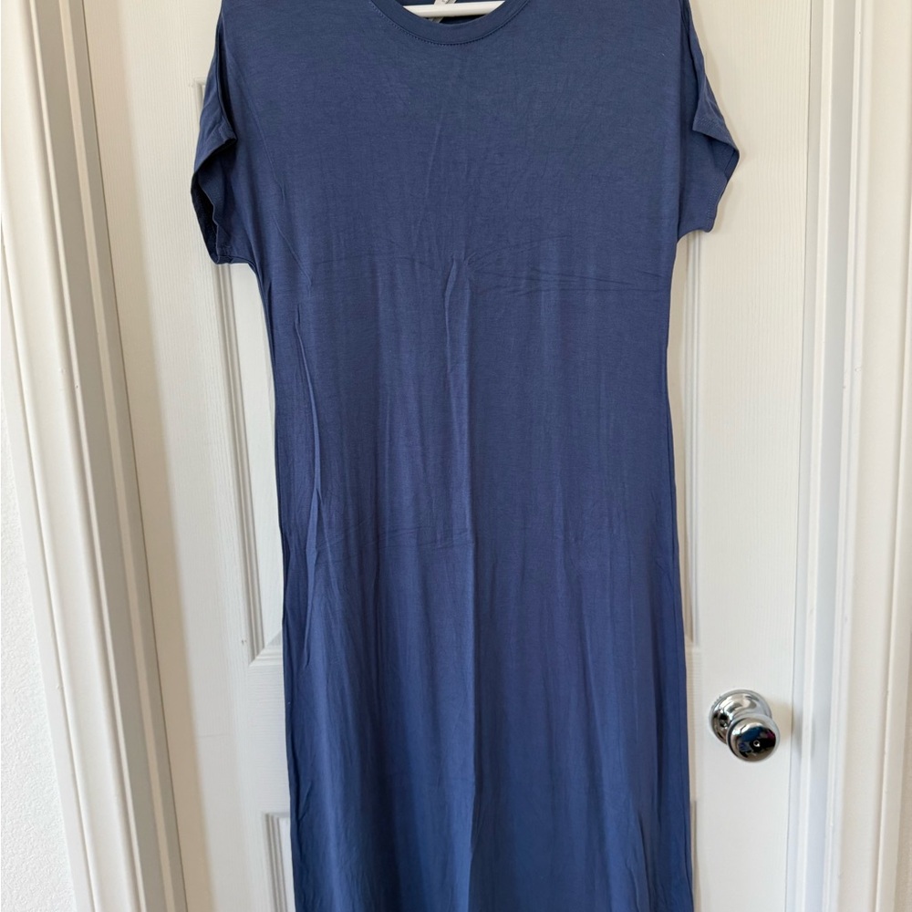 Blue Sheath Midi Dress with Crew Neck and Short Sleeves